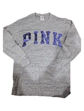 PINK Victoria's Secret XS gray long sleeve tshirt with blue Sequins nwt